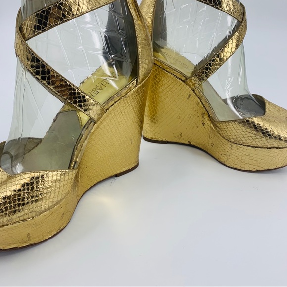 Michael Kors Gold Metallic Snakeskin Sandal Wedges - Picture 5 of 8